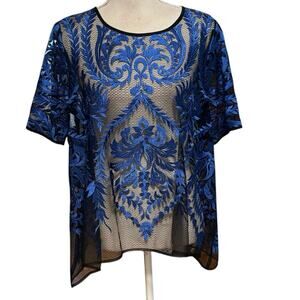 Karen Kane Size L Mesh Floral Embroidered Blouse Top Black Blue Sheer Whimsygoth